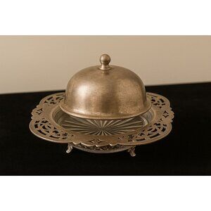 Vintage silver‑plated butter dish with pressed glass insert, likely mid‑20th cen